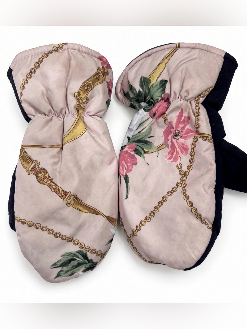 Pilguni Kids Floral + Gold Chain Mittens – Blush Pink / Navy | Size 104–116 (4–6